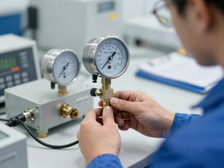 A certified technician in clean high-vis gear calibrating a pressure transmitter with precise testing equipment, bright industrial indoor lighting