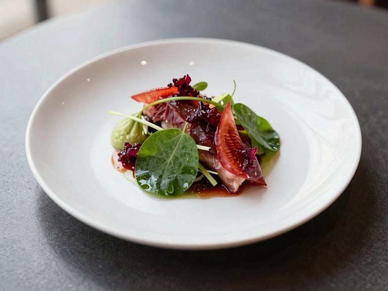 Overhead shot of a beautifully plated gourmet dish with fresh, vibrant ingredients, set on a dark, minimalist table, soft north-facing daylight, shallow depth of field.