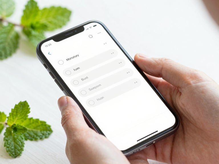 Close-up of hands interacting with a clean mobile interface showing a simple survey, bright natural daylight, fresh mint leaves nearby.