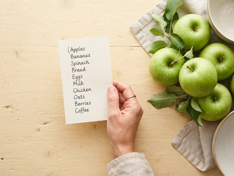 Bright high-key photography of a hand holding a clean handwritten grocery list next to fresh green apples on a warm cream table.