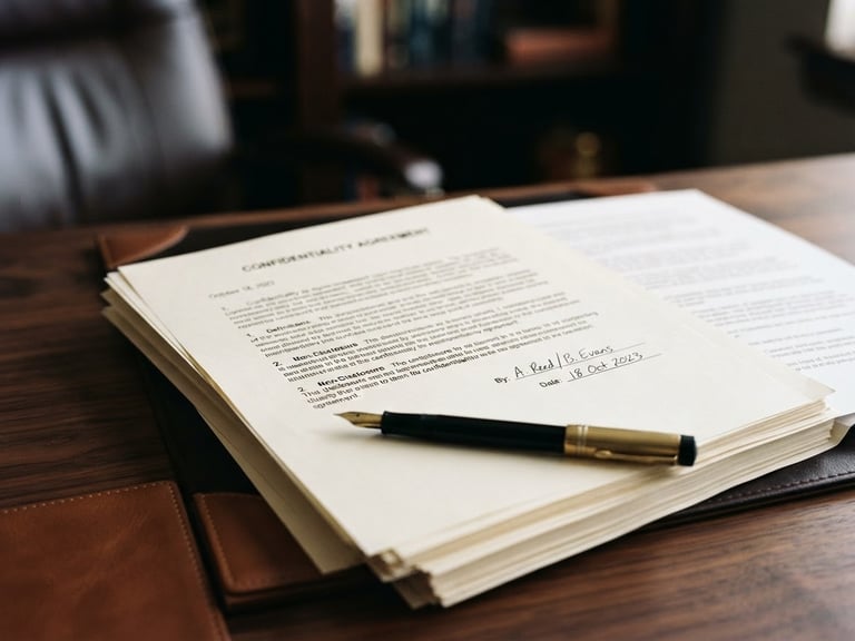 Close-up of legal documents on a dark wood desk, with a subtle brass pen, soft natural side-lighting, rich deep tones, shallow depth of field, 35mm