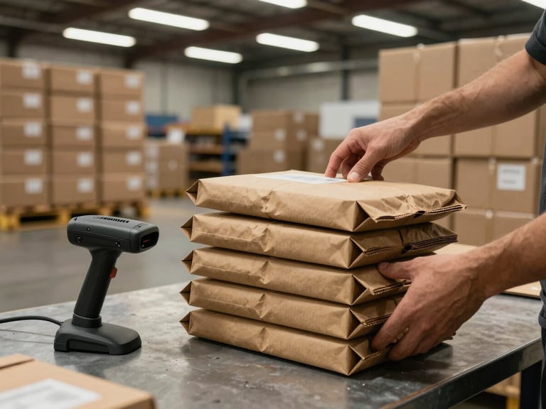 Wide shot of a packing station in a fulfillment warehouse, hands sorting a stack of kraft paper mailers beside a barcode scanner, overhead industrial lighting, pallet of mailer cartons visible in background, warm brown tones against concrete floor