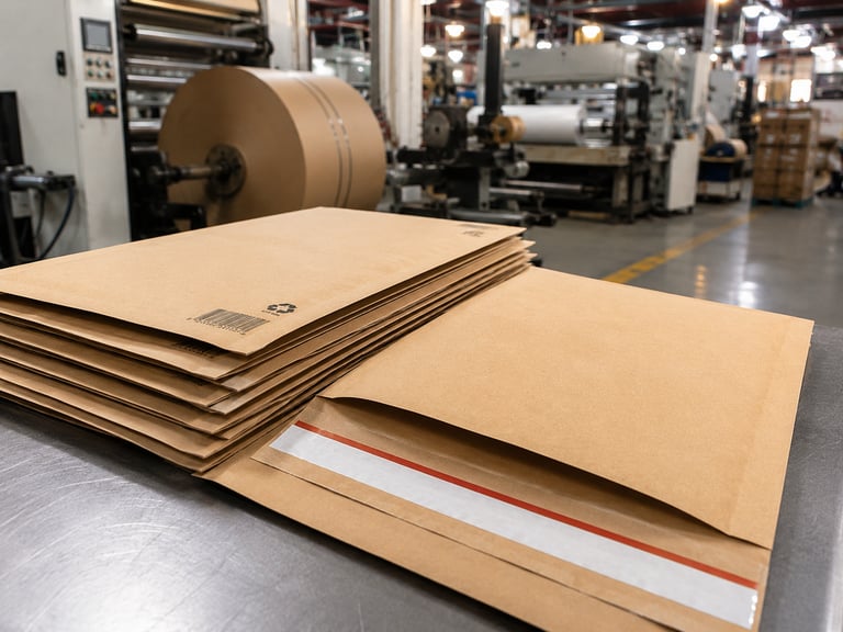 Close-up detail of a standard kraft paper mailer flap showing natural kraft paper texture and self-s