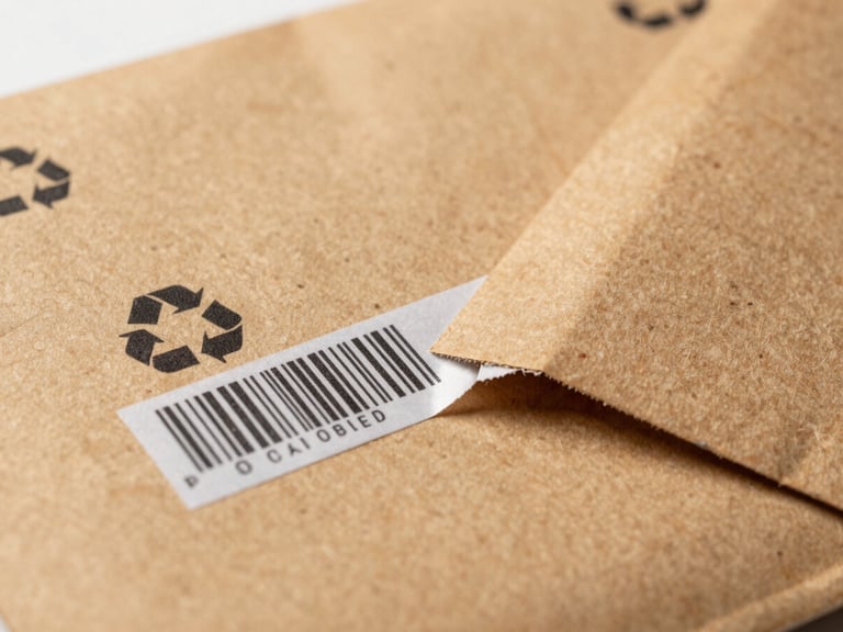 Extreme close-up of a kraft mailing envelope's self-seal adhesive strip being peeled, recycling mark and barcode printed clearly on the kraft surface, overhead studio lighting, sharp industrial-documentary detail, warm brown paper texture filling the frame