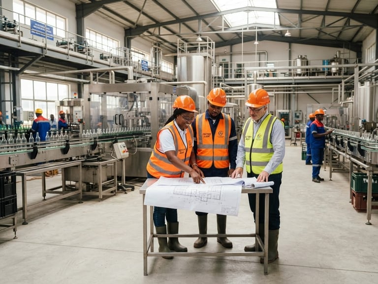 Wide angle shot of a professional industrial safety audit in a modern West African factory, engineers wearing orange helmets and high-visibility vests looking at blueprints, bright daylight, 35mm
