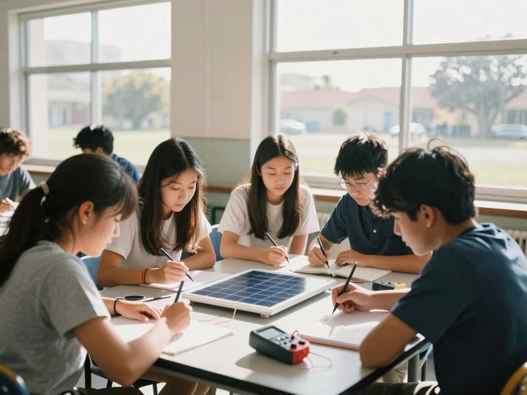 A bright California high school classroom, students working in small groups around a table with a small solar panel and multi-meter, natural sunlight streaming through large windows, 35mm photography.