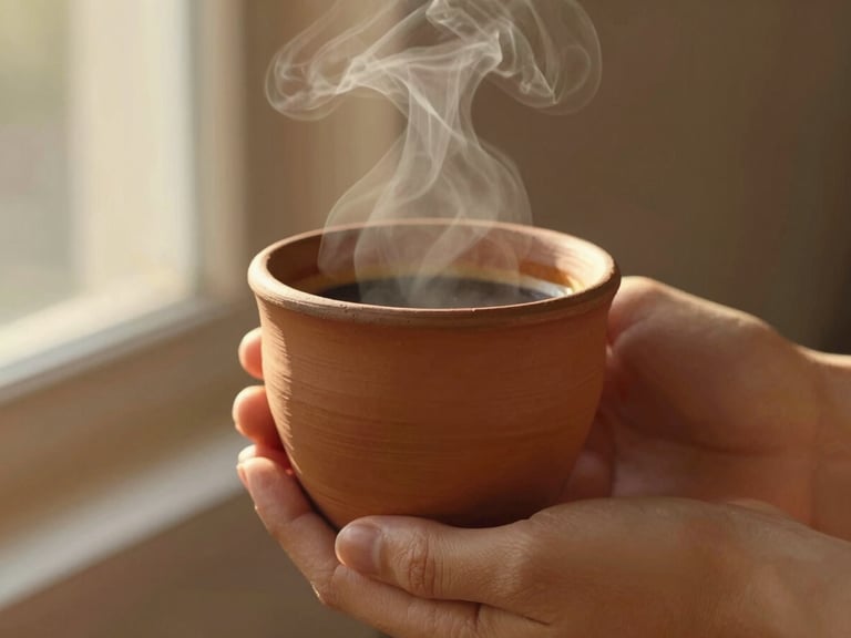 Macro photography of hands holding a warm rustic clay cup, subtle steam rising, soft golden-hour window light, terracotta tones, 35mm