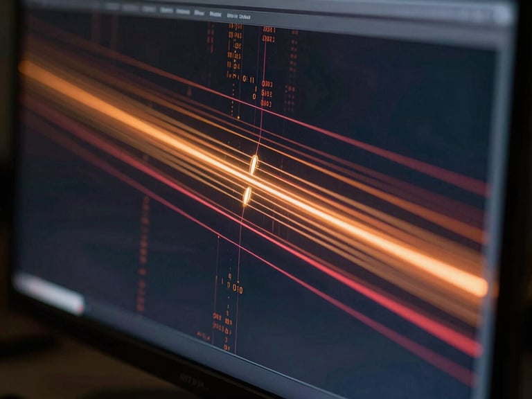 Extreme close-up of a generative AI interface on a dark monitor, amber and crimson data streams flowing across the screen, side-lit by a single low-temperature LED source, reflective glass surface catching the glow, editorial framing