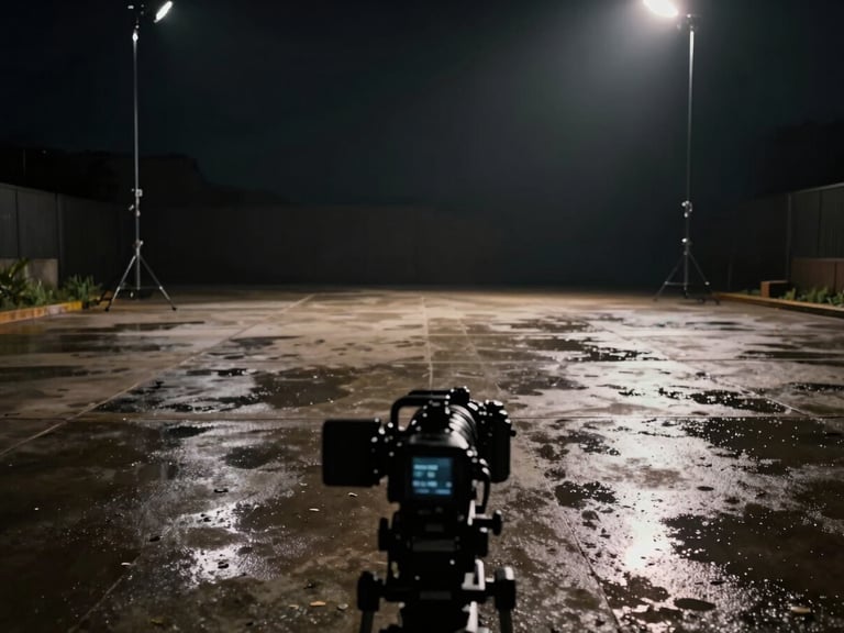 Empty cinematic film set at night, practical tungsten lighting raking across a rain-soaked concrete floor, camera dolly in foreground, deep shadows framing the scene, symmetrical wide shot with low horizon