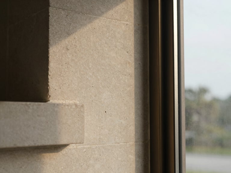 Macro architectural detail of structured limestone and dark bronze window frame, soft overcast Lowcountry morning light, minimalist composition.
