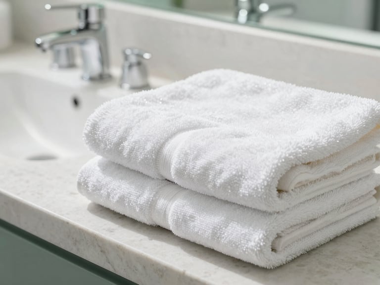 Close-up detail of gleaming bathroom fixtures and neatly folded towels on a stone counter, bright natural daylight, sharp focus, 35mm