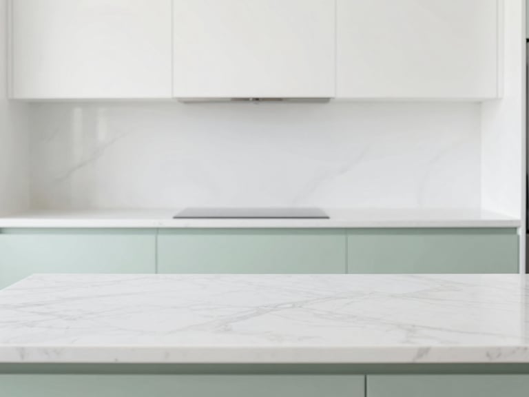 Bright high-key interior of a modern kitchen with empty marble countertops, clean white and soft green tones, sharp focus, 35mm