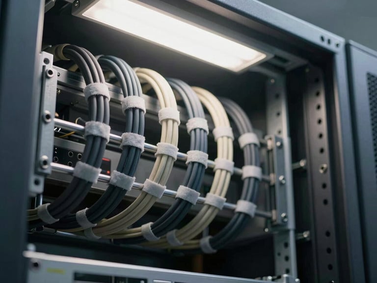 Tight detail shot of a structured cable run inside an open server cabinet, cables neatly bundled with velcro ties, overhead fluorescent and ambient daylight mixing, no people, clean industrial composition