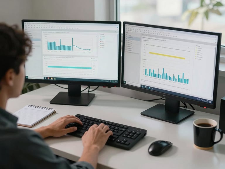 Quiet overhead shot of an engineer's desk, dual monitors displaying network monitoring dashboards with clean graphs, a coffee mug and a notepad to the side, soft north-facing daylight, no face visible, calm working atmosphere