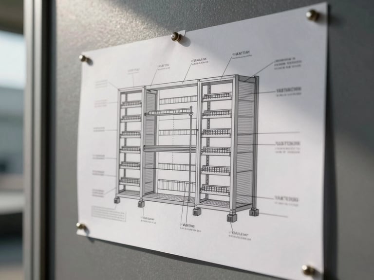 Close-up overhead shot of a printed infrastructure architecture schematic pinned to a wall, pencil annotations marking rack units and VLAN boundaries, natural daylight from the left, steel-gray surroundings, no people visible