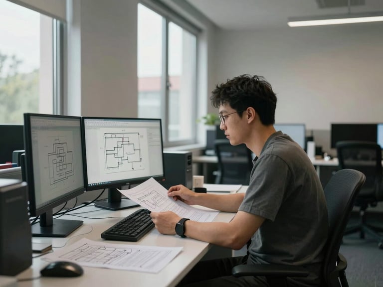 Wide shot of a quiet office interior during working hours, an engineer seated at a desk reviewing printed network schematics spread across a large monitor, north-facing window light, no dramatic shadows, empty chairs in the background, calm and focused atmosphere