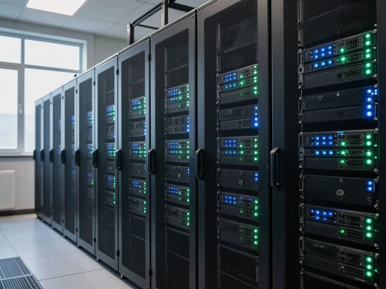 Wide environmental shot of a data center row, server rack indicator lights glowing softly in muted blue and green, daylight entering from a high clerestory window to the left, no people, quiet and ordered