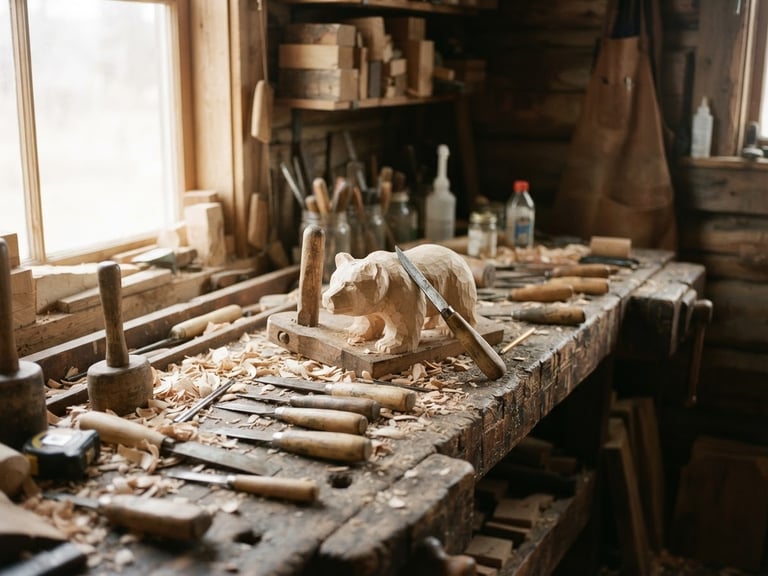 A quiet environmental shot of a rustic woodcarving bench in Troy, Idaho, soft natural window light highlighting wood shavings and hand tools, earthy muted tones, 35mm