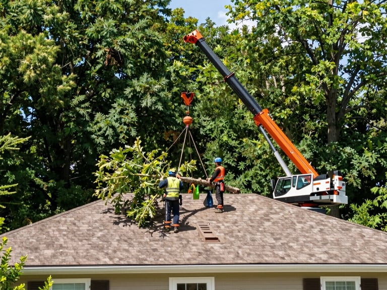 Wide shot of professional tree crew operating a heavy-duty crane to lift a massive limb over a residential roof, bright daylight, safety gear visible