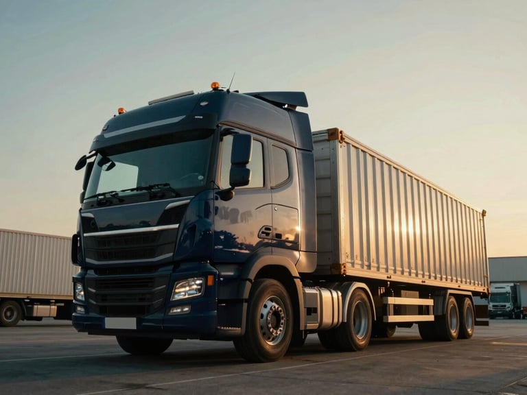 Low-angle dramatic shot of a modern heavy-duty cargo truck parked in a clean logistics yard at golden hour, deep navy cab, steel trailer, cinematic lighting.