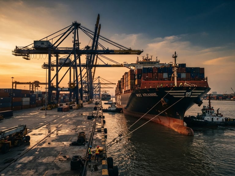 Cinematic industrial photography of a massive container ship docking at Tanjung Priok port during golden hour, deep navy and steel tones, wide-angle lens, 35mm film look.