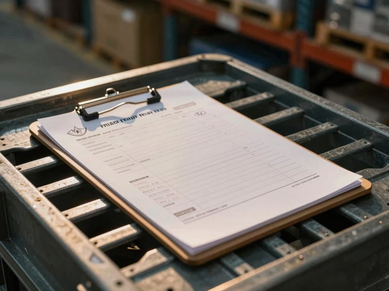 Close-up shot of a secure freight manifest clipboard lying on a steel crate inside an organized warehouse, warm dramatic lighting, shallow depth of field.