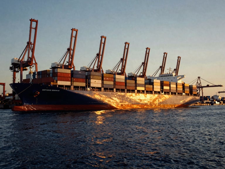 Wide environmental shot of a massive container ship docking at Tanjung Priok port during golden hour, orange reflections on deep navy water, industrial cranes framing the sky.