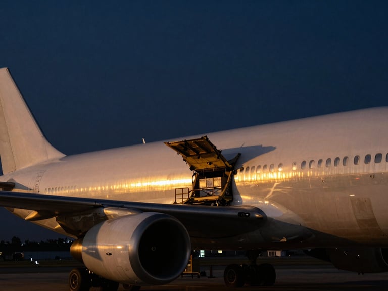 Dramatic high-contrast industrial light on a cargo plane loading freight at dusk, golden hour reflections, deep navy and steel tones, wide environmental shot