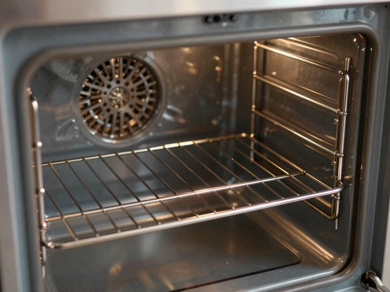 Close-up interior shot of a spotless oven cavity, racks gleaming, interior walls clean and grease-free, bright direct light showing every surface, documentary framing with no styling
