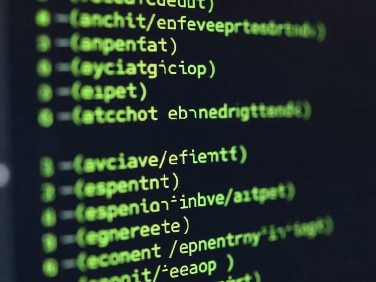 Extreme close-up of code blocks running in a terminal environment, neon green variables, sharp monospace font, dark ambient background with screen glow.