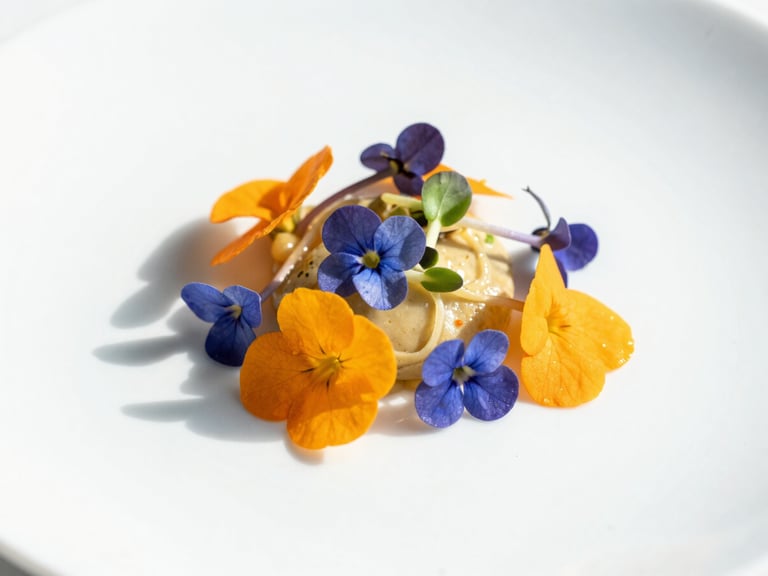 Artfully plated gourmet dishes with vibrant orange and blue microgreens, high-key bright daylight, crisp shadows, clean white background