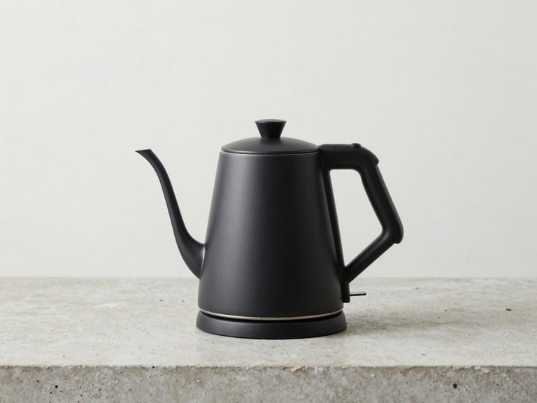 Minimalist matte black electric kettle shot in isolation on a concrete counter, bright diffused daylight, sharp focus, 50mm lens
