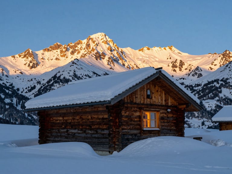 A rustic wooden alpine refuge cabin half-buried in deep snow, dramatic golden hour alpine glow on the peaks behind, warm light from the window, 35mm