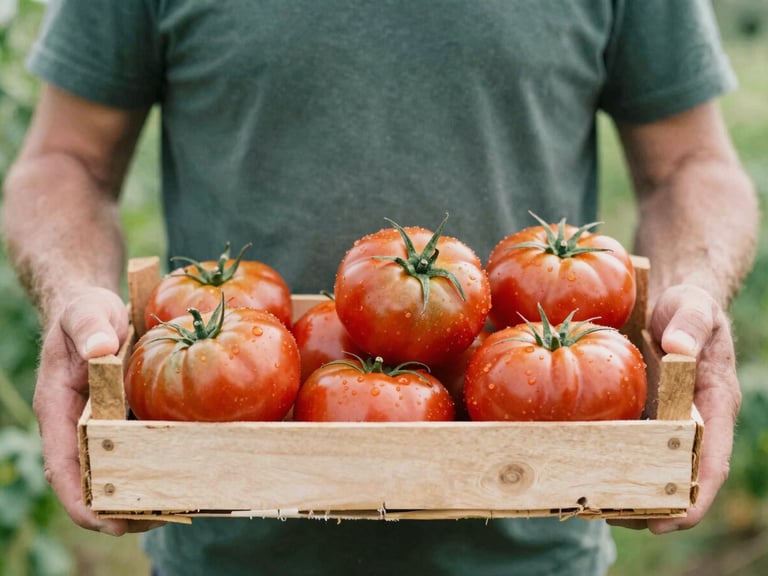 A farmer holding a wooden crate of fresh heirloom tomatoes in soft natural daylight