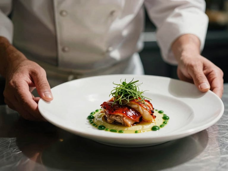 Moody close-up of a chef behind the pass plating a dish, warm low-contrast shadows