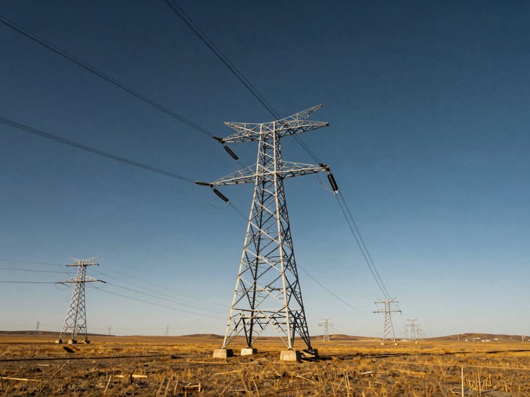 Heroic low-angle shot of high-voltage transmission lines stretching into the horizon across the Mongolian steppe.