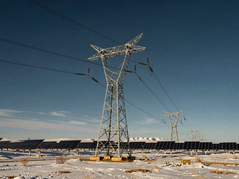 Low-angle heroic shot of high-voltage transmission towers and massive solar arrays cutting across the snowy Mongolian steppe under crisp high-contrast sunlight, wide-angle cinematic lens, 35mm