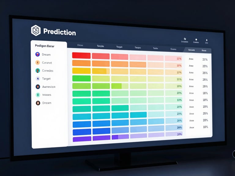 A high-fidelity dark UI mockup of a college prediction matrix, showing color-coded dream, target, and safe schools with probability percentages, cool blue ambient glow