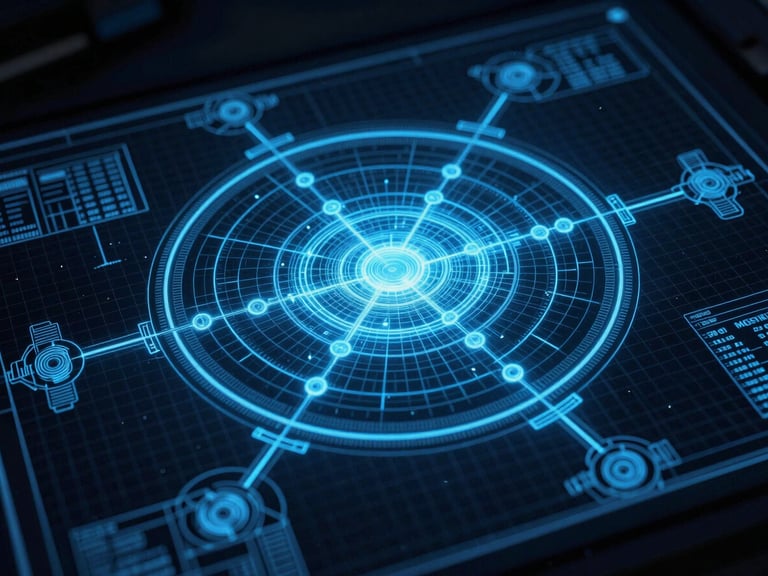 Blueprint schematic of localized space-time vector manipulation, stark cyan terminal glow, high-contrast cool-toned shadows, macro technical details, 35mm