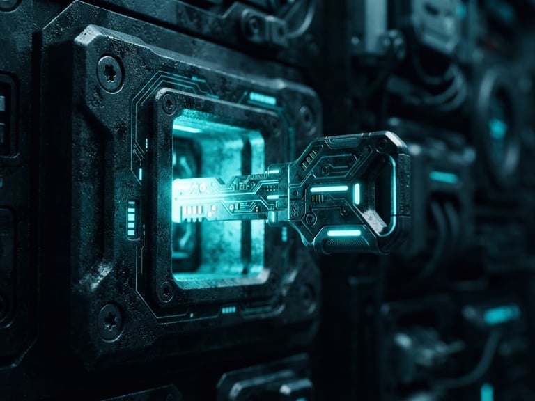 Macro close-up of an illuminated physical security key inserted into a dark steel terminal slot, stark cyan glow, high-contrast cool-toned shadows, 35mm