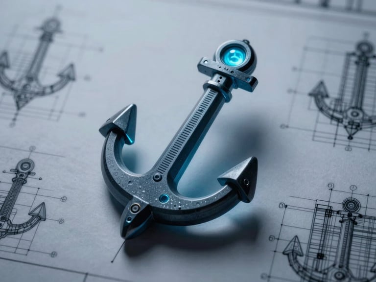 Architectural blueprint of a multi-dimensional structural anchor, stark cyan terminal glow, high-contrast cool-toned shadows, macro technical details, 35mm