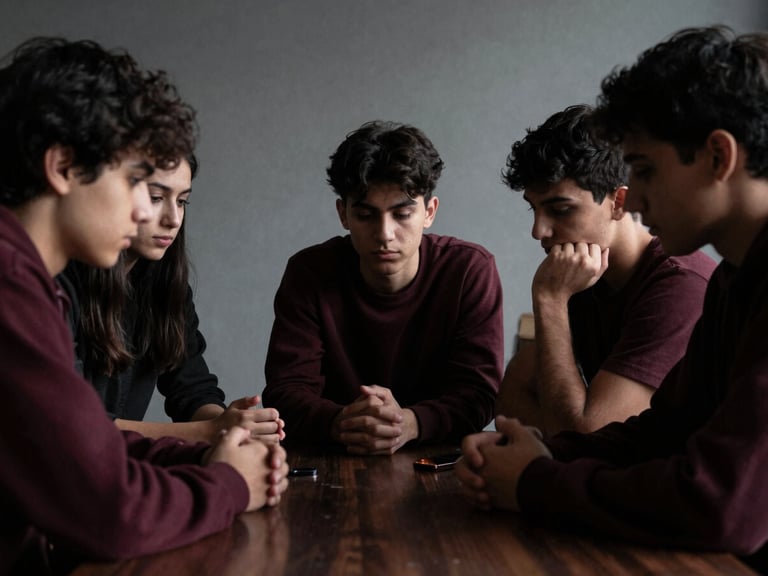 Moody editorial photograph of students in deep discussion around a dark wooden table, high-contrast chiaroscuro lighting, shadows framing their focused faces, 35mm lens