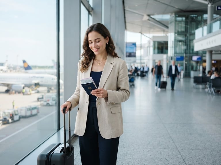 A calm traveler holding a passport in a bright, modern airport terminal, soft natural daylight, professional clean editorial style