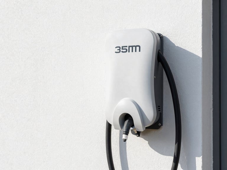 Crisp technical photography of a modern EV charging station (wallbox) installed at a home, clean wiring, bright natural daylight, sharp focus.