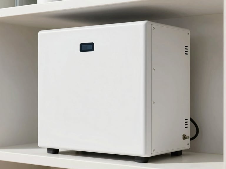 Crisp technical photography of a high-end home battery storage unit, sleek design, clean modern electrical installations, bright natural daylight, sharp focus.