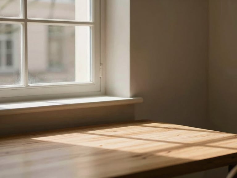 Elegant interior window with soft morning light casting shadows on a clean wooden table, architectural detail, warm editorial photography, 35mm lens