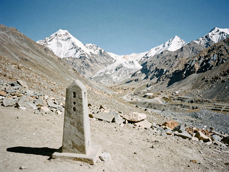Wide-angle rugged alpine landscape of a high Himalayan pass under harsh daylight, desaturated tones, showing a simple stone trail marker in the foreground, 35mm film.