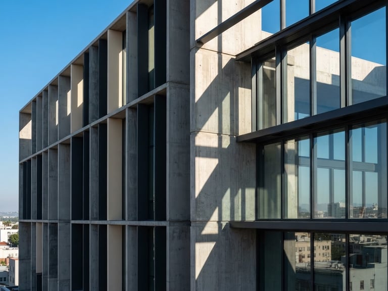 Architectural detail of a modern concrete and steel office facade in Los Angeles, hard directional daylight casting sharp geometric shadows, minimalist composition.
