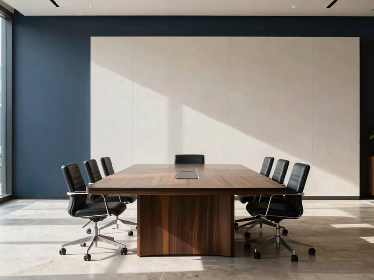 Wide environmental shot of a minimalist, structured boardroom in Los Angeles, cast in sharp directional daylight with clean architectural shadows, premium dark wood and stone textures, 35mm lens.