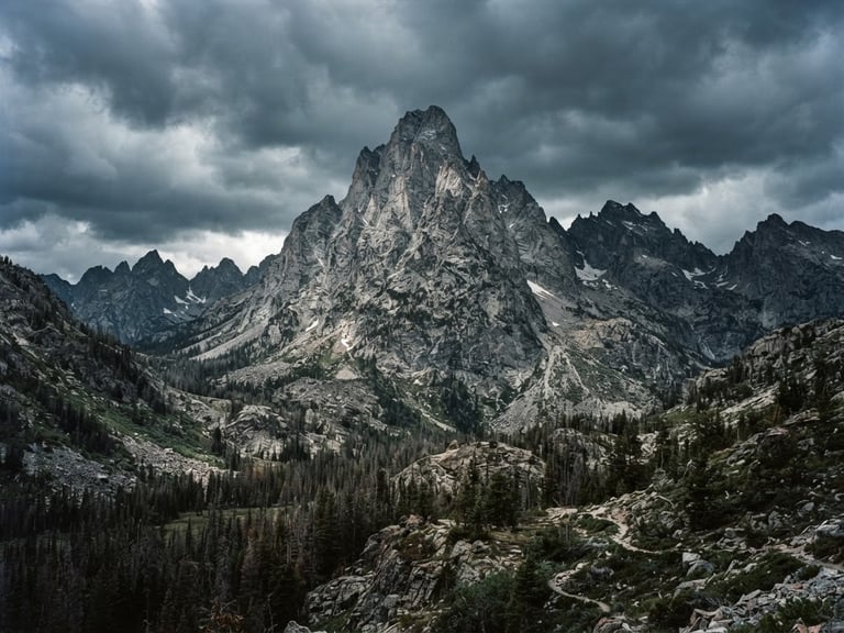 Wide environmental shot of a jagged granite peak in Jackson Hole under dramatic overcast skies, high-contrast natural mountain light, sharp focus, 35mm film grain.